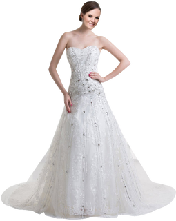 A-plum White Strapless Ball Gown In Lace with Rhinestone Wedding Dress